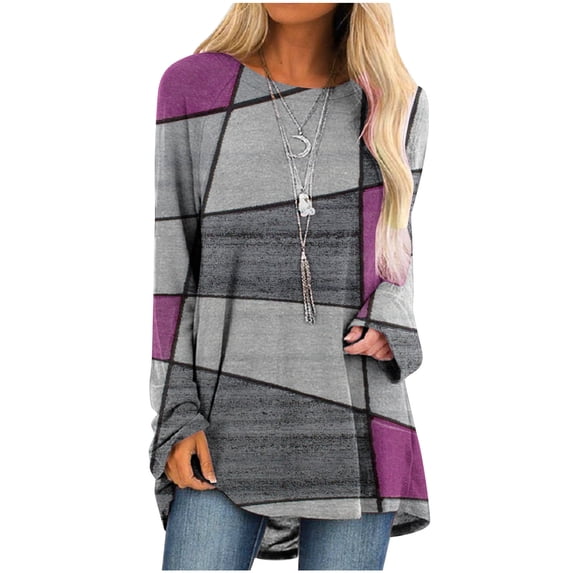 Scyoekwg Long Sleeve Shirts for Women Dressy Casual Crew Neck Hem Flowy Tops Color Block Geometry Printed Oversized Loose Tunic Shirts Graphic Tees for Spring Fall #B06-Purple S