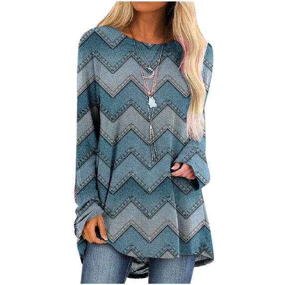 Scyoekwg Long Sleeve Shirts for Women Dressy Casual Crew Neck Hem Flowy Tops Color Block Geometry Printed Oversized Loose Tunic Shirts Graphic Tees for Spring Fall #B06-Light Blue L