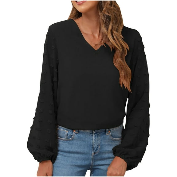 Scyoekwg Long Sleeve Shirts for Women Pompoms Sleeve Elegant Shirts Solid Color Dressy Casual Blouse Tops for Women Trendy Lightweight Loose Blouses (Black,S)
