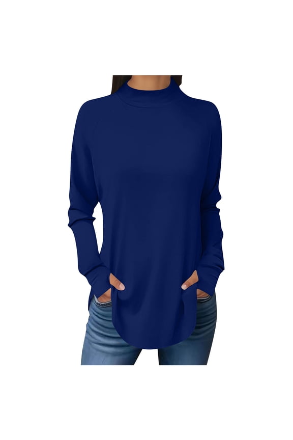 Long Sleeve Shirts for Women Top High Neck T-shirt Thumb Sleeve Hole Tunic Top Dressy Casual Solid Color Loose Fit Trendy Clothes Top Blue ,S