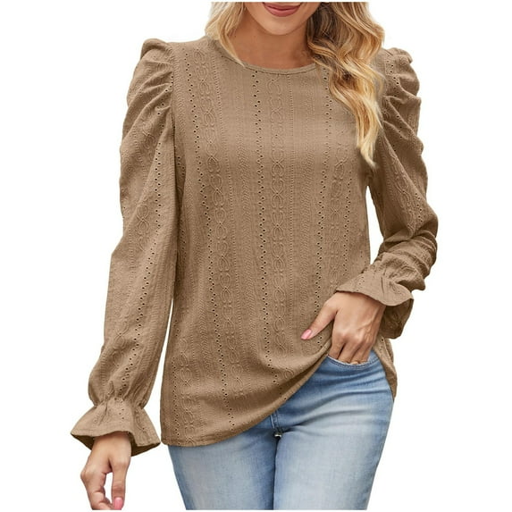 Scyoekwg Long Sleeve Shirts for Women Trendy Womens Clothes Cewneck Hollowed Out Bubble Sleeved Elegant Shirts Lightweight Solid Color Vintage Casual Loose Fall Clothes Pullover