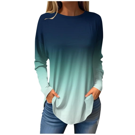 Scyoekwg Long Sleeve Shirts for Women Tunic Tops To Wear With Leggings Casual Dressy Blouse Gradient Color Lightweight Comfy Loose Round Neck Tops Blouse (Mint Green,XL)