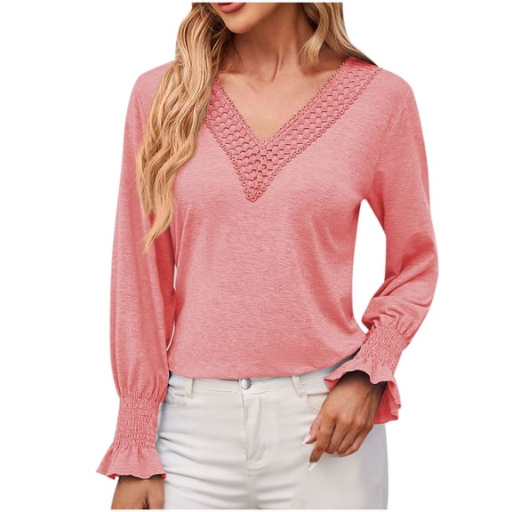Scyoekwg Long Sleeve Shirts for Women V-Neck Crochet Lace Trim Tops Solid Color Trendy Women Blouses Lightweight Dressy Casual Blouses Fall Tops Pullover (Pink,S)