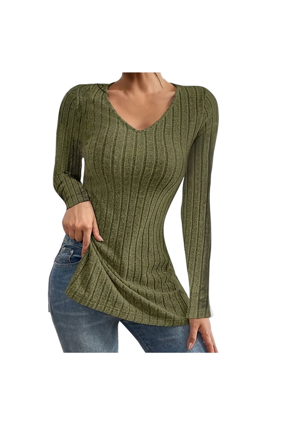 Long Sleeve Shirts for Women V-Neck Split Hem Tee Top Basic Ribbed Knit Slim Fit T-Shirts Fall Clothes Lightweight Vintage Solid Color Casual Blouses