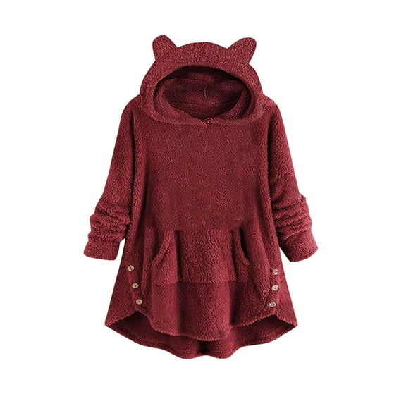 Scyoekwg Long Sleeve Shirts for Women Winter Warm Fleece Hoodies with Pocket Tshirt Dressy Casual Blouse Loose Lightweight Solid Color Tops for Women Trendy Pullover (Wine,L)