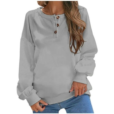 Scyoekwg Long Sleeve Shirts for Women Cewneck Button Pullover Tops Solid Color Lightweight Fall Clothes Casual Loose Vintage Blouses