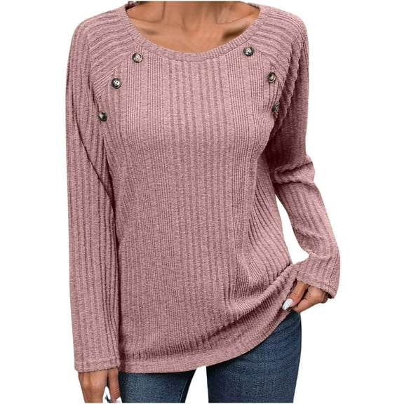 Scyoekwg Long Sleeve Shirts for Women Cewneck Dressy Button Shirts Solid Color Fall Clothes Casual Loose Lightweight Vintage Pullover