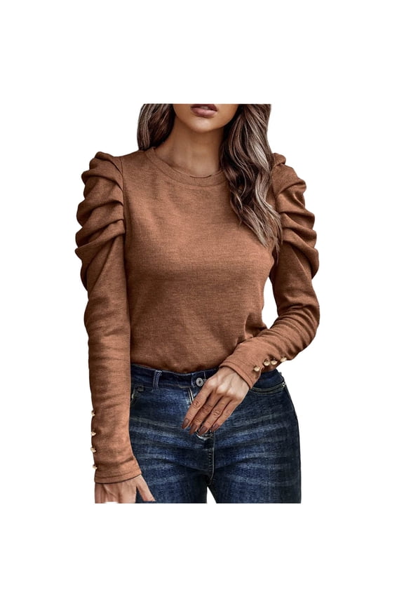 Long Sleeve Shirts for Women Cewneck Puff Sleeve Elegant Shirts Loose Solid Color Vintage Fall Clothes Casual Lightweight Pullover