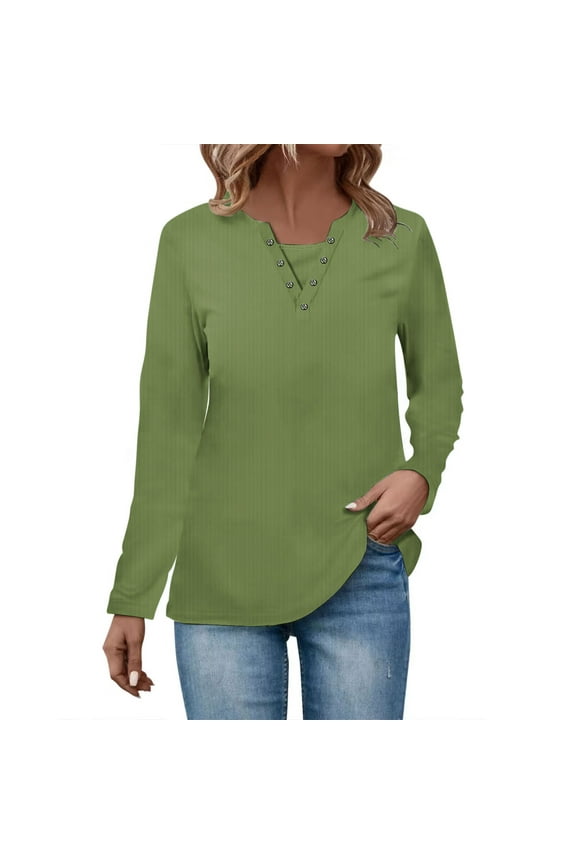 Long Sleeve Shirts for Women Classic Solid Color Ring Hole V Neck Basic Tops Casual Slim Comfy Lightweight Blouses (Green,S)