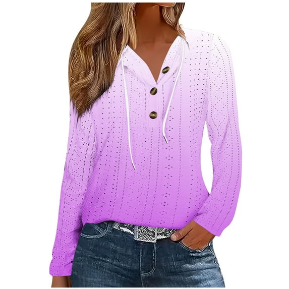 Scyoekwg Long Sleeve Shirts for Women Gradient Eyelet Drawstring Hooded Pullover Button Casual Comfy Fall Shirts Pullover (Purple,XXL)