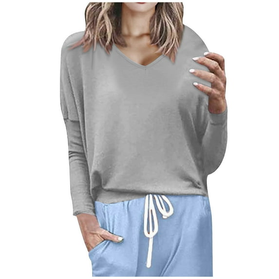 Scyoekwg Long Sleeve Shirts for Women Lightweight V Neck Casual Dressy Blouses Solid Color Fall Tops Pullover (Gray,XXL)