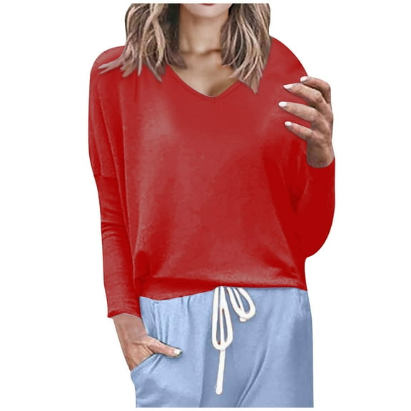 Scyoekwg Long Sleeve Shirts for Women Lightweight V Neck Casual Dressy Blouses Solid Color Fall Tops Pullover (Red,S)