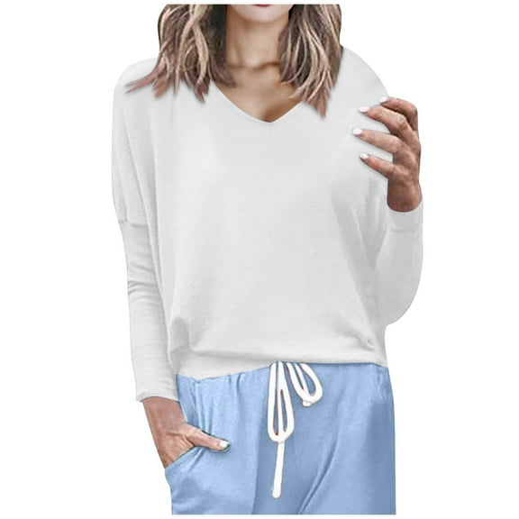 Scyoekwg Long Sleeve Shirts for Women Lightweight V Neck Casual Dressy Blouses Solid Color Fall Tops Pullover (White,M)