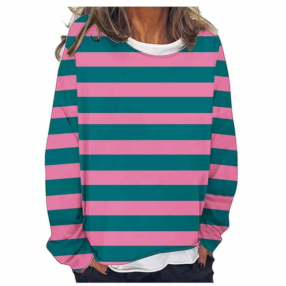 Scyoekwg Long Sleeve Shirts for Women Sweatshirt for Women Crewneck Sweatshirts Casual Comfy Fall Striped Pullover Sweatshirt Tops (Pink,XL)