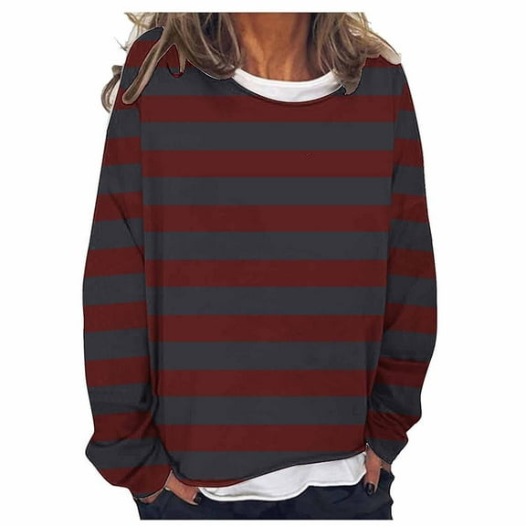 Scyoekwg Long Sleeve Shirts for Women Sweatshirt for Women Crewneck Sweatshirts Casual Comfy Fall Striped Pullover Sweatshirt Tops (Wine,M)
