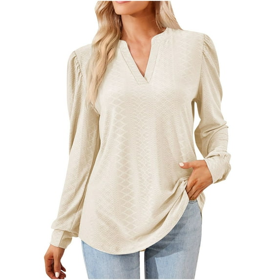 Scyoekwg Long Sleeve Shirts for Women V-Neck Elegant Tunic Shirts Solid Color Loose Lightweight Vintage Casual Fall Clothes Blouses