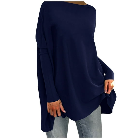 Scyoekwg Long Sleeve Tee Shirts for Women Fall Fashion Tunic 2025 Fashion Tops Long Sleeve Pullover Round Neck Dressy Casual Tops Loose Fit Blouses Fall Classic Solid Color Navy XL