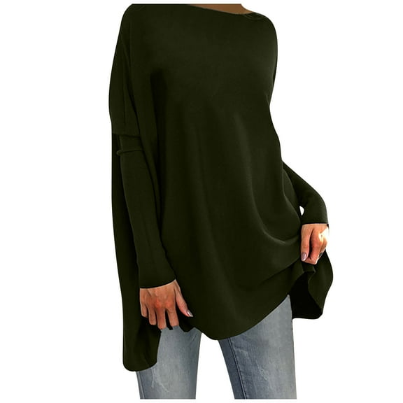 Scyoekwg Long Sleeve Tee Shirts for Women Fall Fashion Tunic 2025 Fashion Tops Long Sleeve Pullover Round Neck Dressy Casual Tops Loose Fit Blouses Fall Classic Solid Color Army Green XL