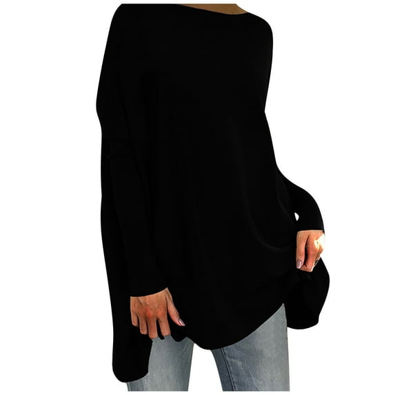 Scyoekwg Long Sleeve Tee Shirts for Women Fall Fashion Tunic 2025 Fashion Tops Long Sleeve Pullover Round Neck Dressy Casual Tops Loose Fit Blouses Fall Classic Solid Color Black XXXL