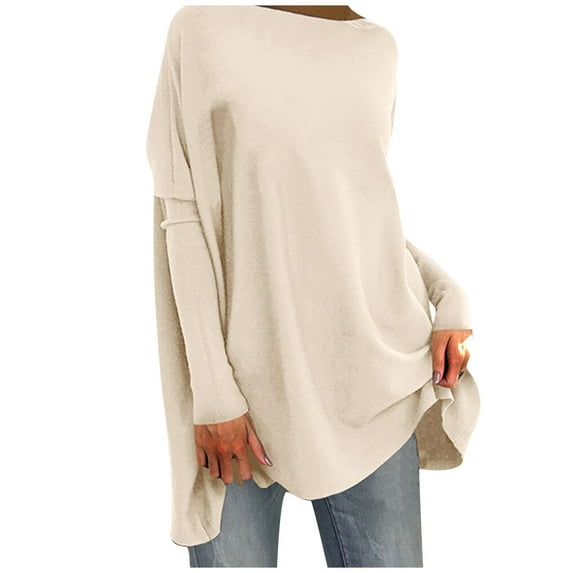 Scyoekwg Long Sleeve Tee Shirts for Women Fall Fashion Tunic 2025 Fashion Tops Long Sleeve Pullover Round Neck Dressy Casual Tops Loose Fit Blouses Fall Classic Solid Color Beige XXXL