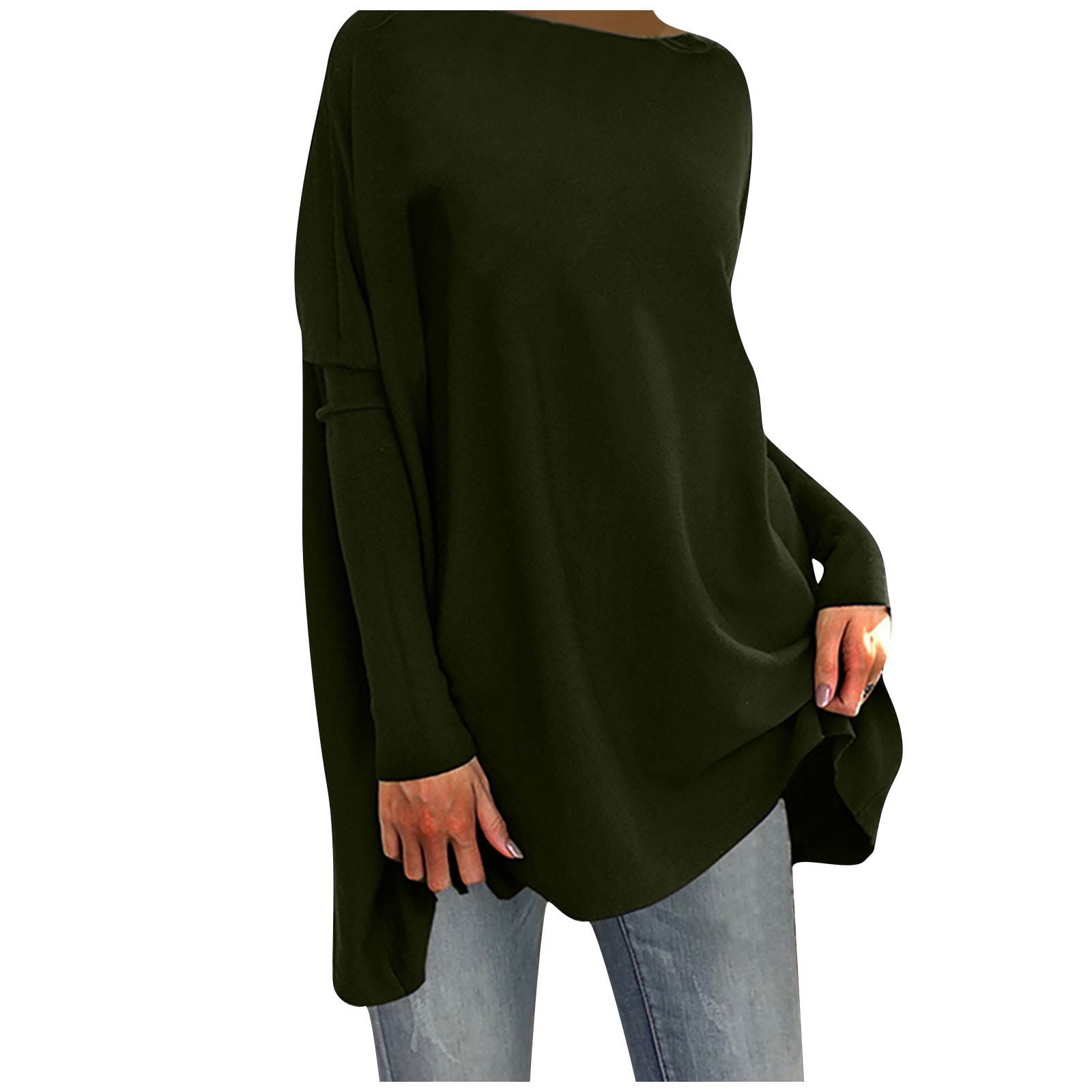 Scyoekwg Long Sleeve Tee Shirts for Women Fall Fashion Tunic 2024 Fashion Tops Long Sleeve Pullover Round Neck Dressy Casual Tops Loose Fit Blouses Fall Classic Solid Color Army Green XL