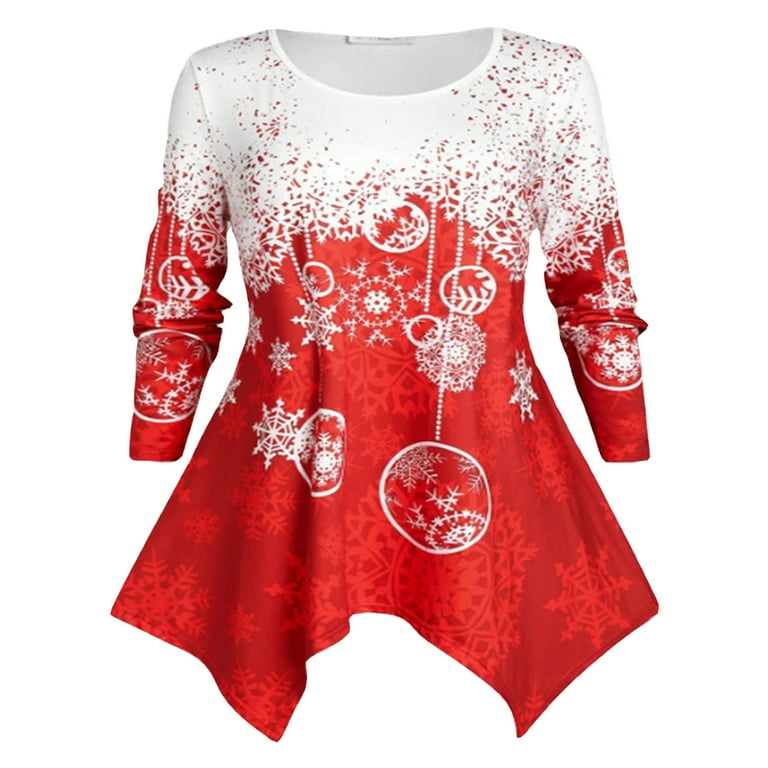 Scyoekwg Long Sleeve Tee Shirts for Women Fall Pullover Casual Loose Comfy  Blouses Lightweight Round Neck Christmas Pattern Printed Christmas Shirts 