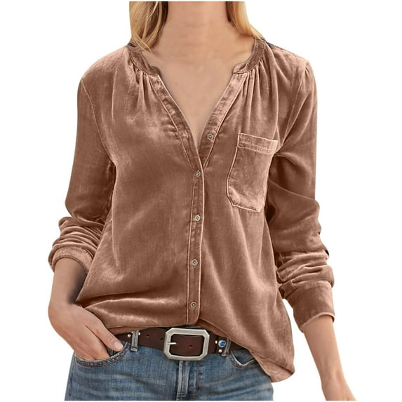 Scyoekwg Long Sleeve Tee Shirts for Women Trendy V-Neck Tunic Tops Classic Solid Colors Velvet Buttons Pokets Casual Loose Lightweight Blouses Long Sleeve Shirts Comfy Pullover Shirts Khaki XL