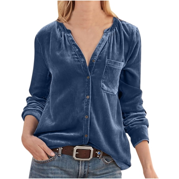 Scyoekwg Long Sleeve Tee Shirts for Women Trendy V-Neck Tunic Tops Classic Solid Colors Velvet Buttons Pokets Casual Loose Lightweight Blouses Long Sleeve Shirts Comfy Pullover Shirts Blue L