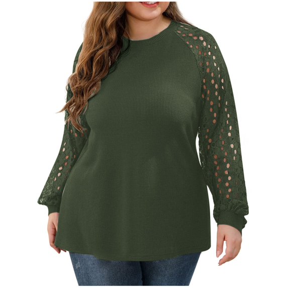 Scyoekwg Long Sleeve Tops for Women Crew Neck Hollow Out Sleeve Splicing Shirts Solid Color Trendy Dressy Casual Blouses Lightweight Fall Tops Pullover (Army Green,XL)