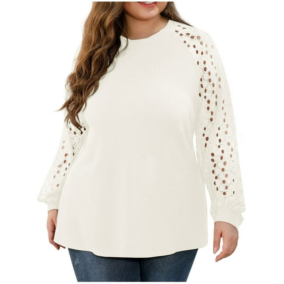 Scyoekwg Long Sleeve Tops for Women Crew Neck Hollow Out Sleeve Splicing Shirts Solid Color Trendy Dressy Casual Blouses Lightweight Fall Tops Pullover (Beige,XXXXL)
