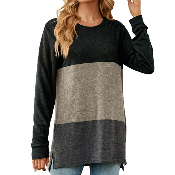 Scyoekwg Long Sleeve Tops for Women Crew Neck Long Tunic Tops Trendy Dressy Casual Blouses Fall Tops Solid Color Women Blouses Lightweight Pullover (Khaki,S)