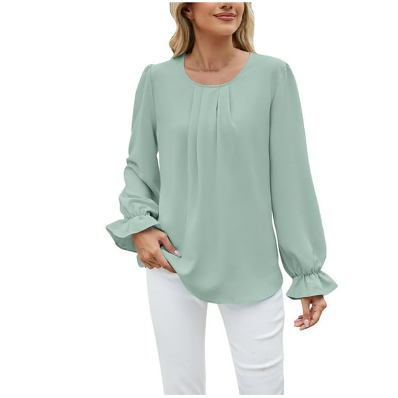 Scyoekwg Long Sleeve Tops for Women Crewneck Pleated Elegant Shirts Solid Color Dressy Casual Blouses Vintage Fashion Loose Fall Clothes Pullover(Green,XXL)
