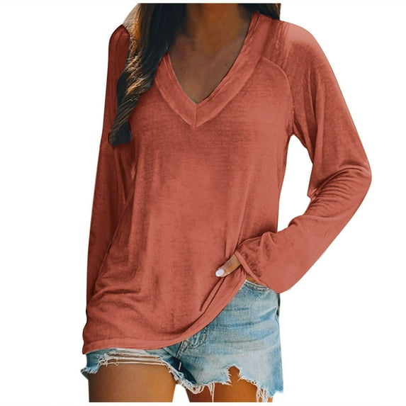 Scyoekwg Long Sleeve Tops for Women Trendy Womens Clothes V-Neck Raglan Sleeve Tunic Shirts Loose Lightweight Solid Color Vintage Fall Clothes Casual Pullover