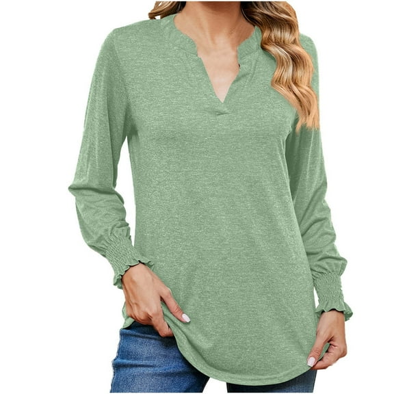 Scyoekwg Long Sleeve Tops for Women V-Neck Ruffled Sleeve Tunic Shirts Lightweight Solid Color Dressy Casual Blouse Tops for Women Trendy Loose Blouses (Green,L)