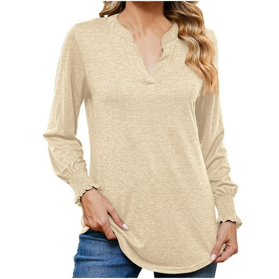 Scyoekwg Long Sleeve Tops for Women V-Neck Ruffled Sleeve Tunic Shirts Lightweight Solid Color Dressy Casual Blouse Tops for Women Trendy Loose Blouses (Khaki,L)
