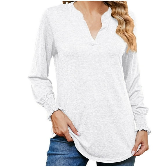 Scyoekwg Long Sleeve Tops for Women V-Neck Ruffled Sleeve Tunic Shirts Lightweight Solid Color Dressy Casual Blouse Tops for Women Trendy Loose Blouses (White,XXL)
