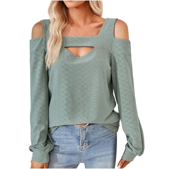 Scyoekwg Long Sleeve Tunic Tops for Women Cewneck Cold Shoulder Tops Fall Clothes Casual Lightweight Loose Solid Color Vintage Pullover
