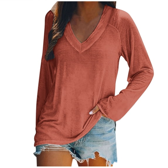 Scyoekwg Long Sleeve Tunic Tops for Women V-Neck Raglan Sleeve Tunic Shirts Loose Lightweight Solid Color Vintage Fall Clothes Casual Blouses