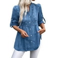 thumbnail image 1 of Scyoekwg Long Tunic Tops for Women Button V Neck Rolled Up Shirts Long Sleeve Tops Elegant Dressy Blouses Business Casual Outfits (Blue,L), 1 of 3