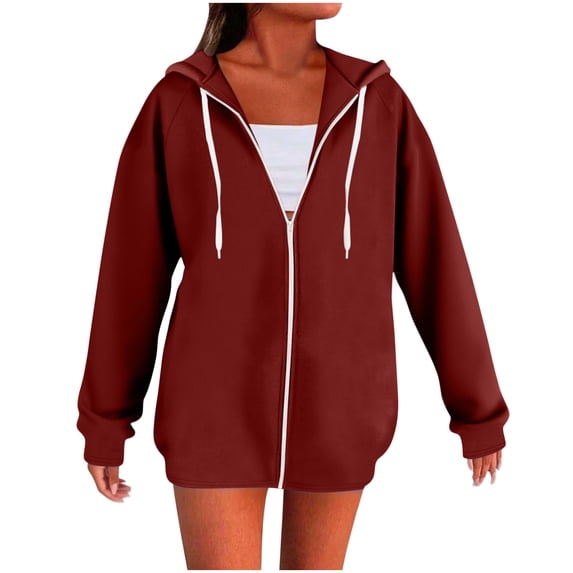 Scyoekwg Long Zip Up Hoodie for Women Plus Size Long Sleeve Sweatshirt Coats Solid Color Hooded Tunic Sweatshirt Fall Winter Jacket Coats (Wine,XXL)