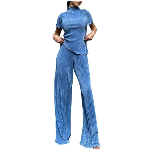 Scyoekwg Lounge Sets for Women 2 Piece Casual Tracksuit Sweatsuits Sets Trendy Loose Solid Color Sleeveless Round Neck Slim Tops Wide Leg Pants Matching Sets (Light Blue,M)