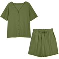 thumbnail image 1 of Scyoekwg Lounge Sets for Women 2 Piece Cotton Linen Loose Solid Color Trendy Short Sleeve Round Neck Tops Shorts Sweatsuits Sets Casual Outfits (Army Green,XL), 1 of 8