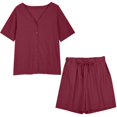 thumbnail image 1 of Scyoekwg Lounge Sets for Women 2 Piece Cotton Linen Loose Solid Color Trendy Short Sleeve Round Neck Tops Shorts Sweatsuits Sets Casual Outfits (Red,XL), 1 of 8