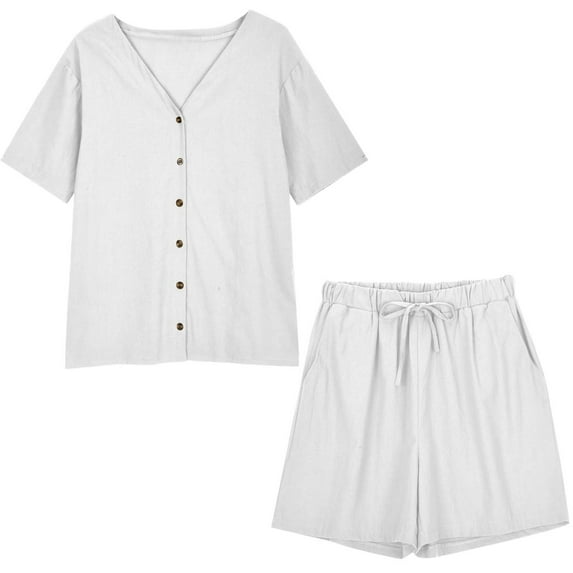 Scyoekwg Lounge Sets for Women 2 Piece Cotton Linen Loose Solid Color Trendy Short Sleeve Round Neck Tops Shorts Sweatsuits Sets Casual Outfits (White,XXL)