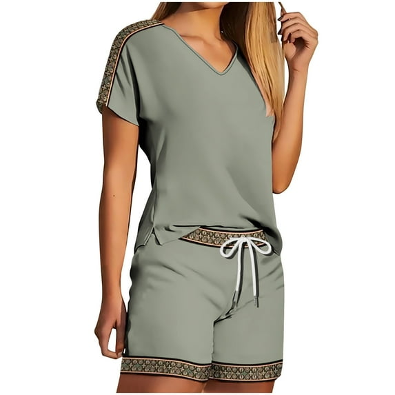 Scyoekwg Lounge Sets for Women 2 Piece Short Sleeve V-Neck Tops Drawstring Shorts Casual Sweatsuits Sets Loose Trendy Solid Color Home Pajamas Sets (Green,XL)
