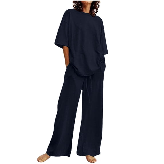 Scyoekwg Lounge Sets for Women Casual Cotton Linen Outfits Comfortable Short Sleeve Round Neck Tops and Beach Elastic Waist Drawstring Wide Leg Pants with Pockets 2 Piece Loungewear Navy L