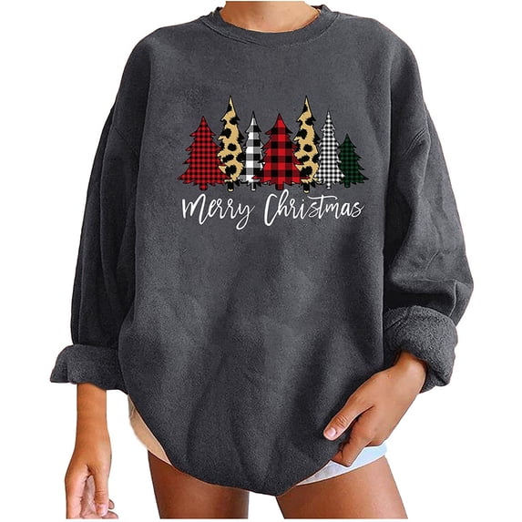 Scyoekwg Merry Christmas Sweatshirt for Women Long Sleeve Tops Casual Loose Round Neck Fleece Sweatshirts Leopard Plaid Christmas Tree Print Graphic Sweatshirt Pullover #B=Dark Gray XXL(12)