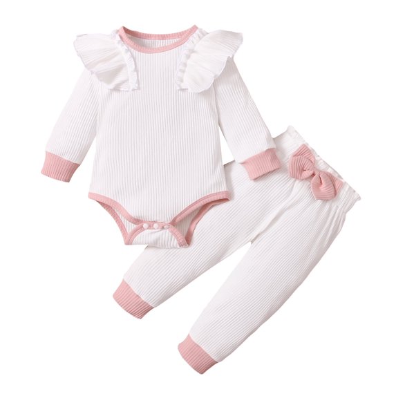 Scyoekwg Newborn Baby Girl Clothes Fall Winter Outfit Casual Round Neck Ruffle Long Sleeve Ribbed Romper Long Pants Solid Color 2PC Set (White,0 Months)