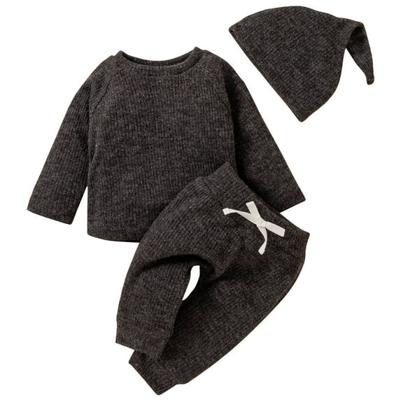 Scyoekwg Newborn Infant Baby Boys Girls Clothes Sets Fall Winter Warm Knitted Outfits Solid Color Long Sleeve Round Neck Pullover Tops Long Pants Hat Solid Color 3PC Outfits (Dark Gray,9 months)