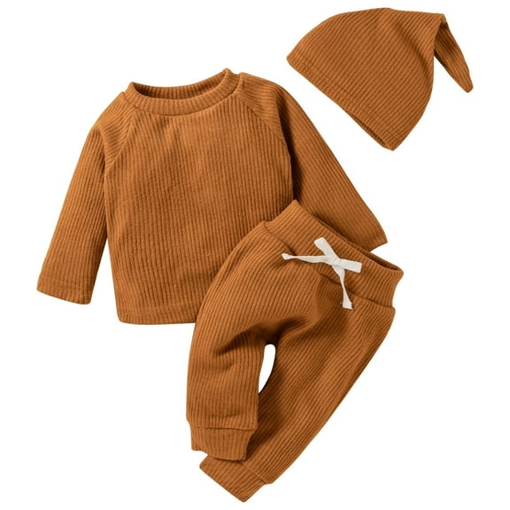 Scyoekwg Newborn Infant Baby Boys Girls Clothes Sets Fall Winter Warm Knitted Outfits Solid Color Long Sleeve Round Neck Pullover Tops Long Pants Hat Solid Color 3PC Outfits (Brown,18 months)